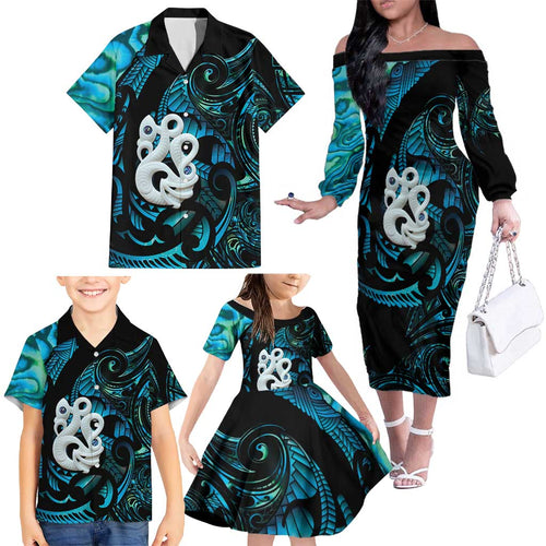 Manaia New Zealand Matariki Family Matching Off The Shoulder Long Sleeve Dress and Hawaiian Shirt NZ Paua Shell Maori Art