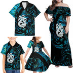 Manaia New Zealand Matariki Family Matching Off Shoulder Maxi Dress and Hawaiian Shirt NZ Paua Shell Maori Art