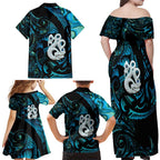 Manaia New Zealand Matariki Family Matching Off Shoulder Maxi Dress and Hawaiian Shirt NZ Paua Shell Maori Art