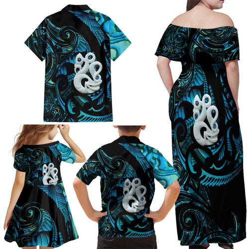 Manaia New Zealand Matariki Family Matching Off Shoulder Maxi Dress and Hawaiian Shirt NZ Paua Shell Maori Art
