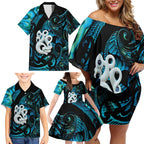 Manaia New Zealand Matariki Family Matching Off Shoulder Short Dress and Hawaiian Shirt NZ Paua Shell Maori Art