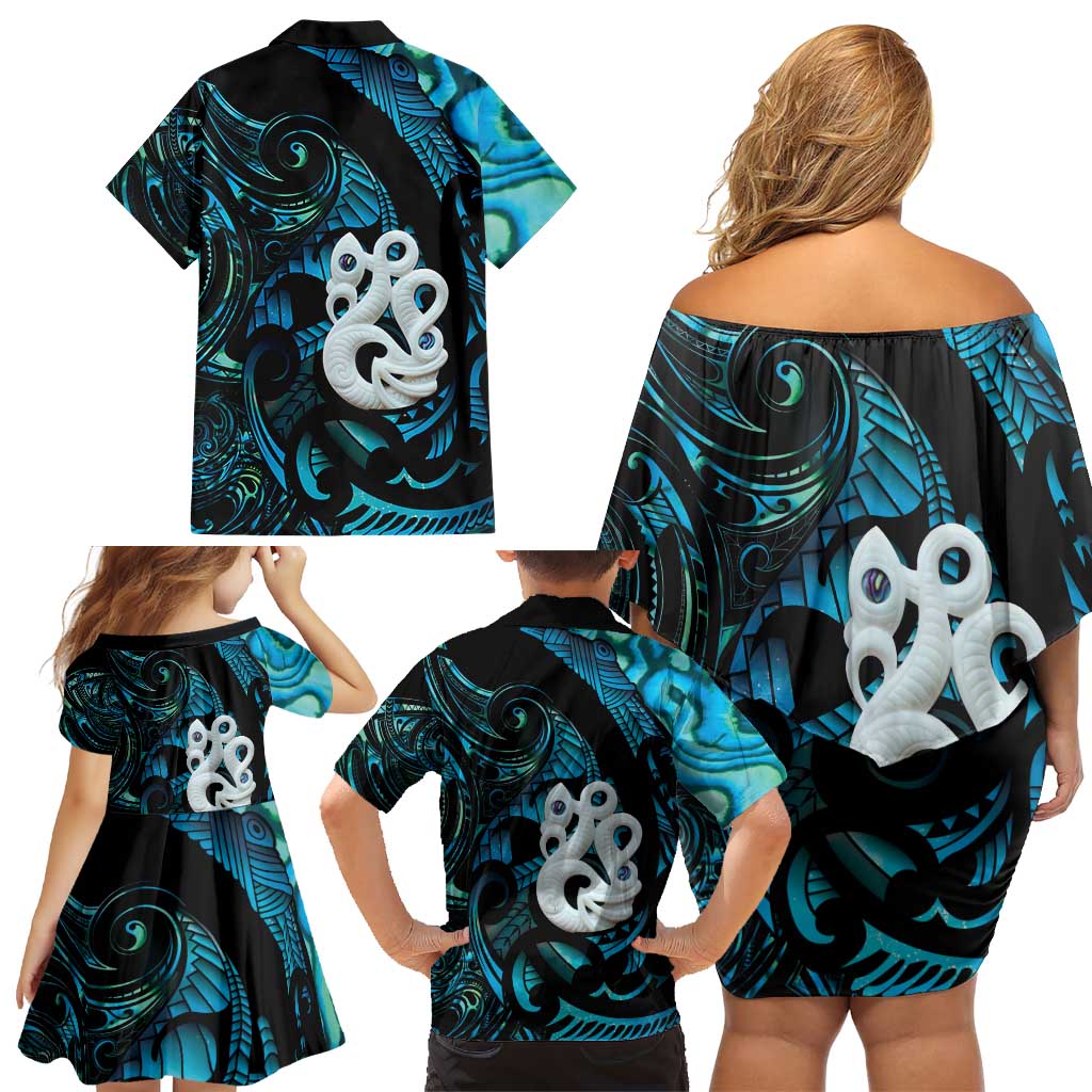 Manaia New Zealand Matariki Family Matching Off Shoulder Short Dress and Hawaiian Shirt NZ Paua Shell Maori Art