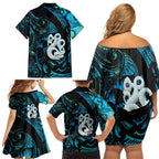 Manaia New Zealand Matariki Family Matching Off Shoulder Short Dress and Hawaiian Shirt NZ Paua Shell Maori Art