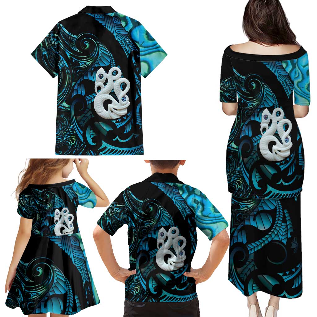 Manaia New Zealand Matariki Family Matching Puletasi and Hawaiian Shirt NZ Paua Shell Maori Art