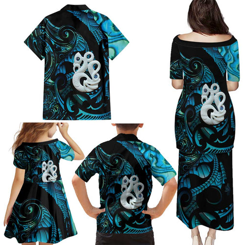 Manaia New Zealand Matariki Family Matching Puletasi and Hawaiian Shirt NZ Paua Shell Maori Art