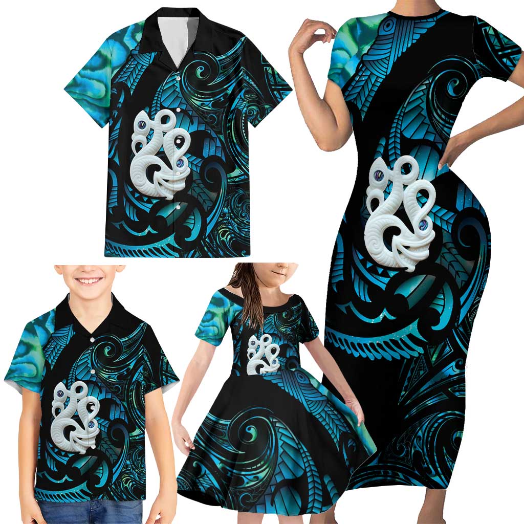 Manaia New Zealand Matariki Family Matching Short Sleeve Bodycon Dress and Hawaiian Shirt NZ Paua Shell Maori Art