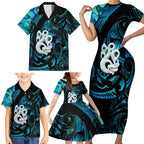 Manaia New Zealand Matariki Family Matching Short Sleeve Bodycon Dress and Hawaiian Shirt NZ Paua Shell Maori Art