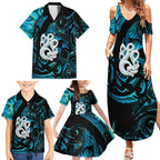 Manaia New Zealand Matariki Family Matching Summer Maxi Dress and Hawaiian Shirt NZ Paua Shell Maori Art