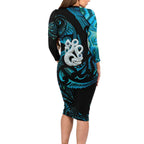 Manaia New Zealand Matariki Long Sleeve Bodycon Dress NZ Paua Shell Maori Art