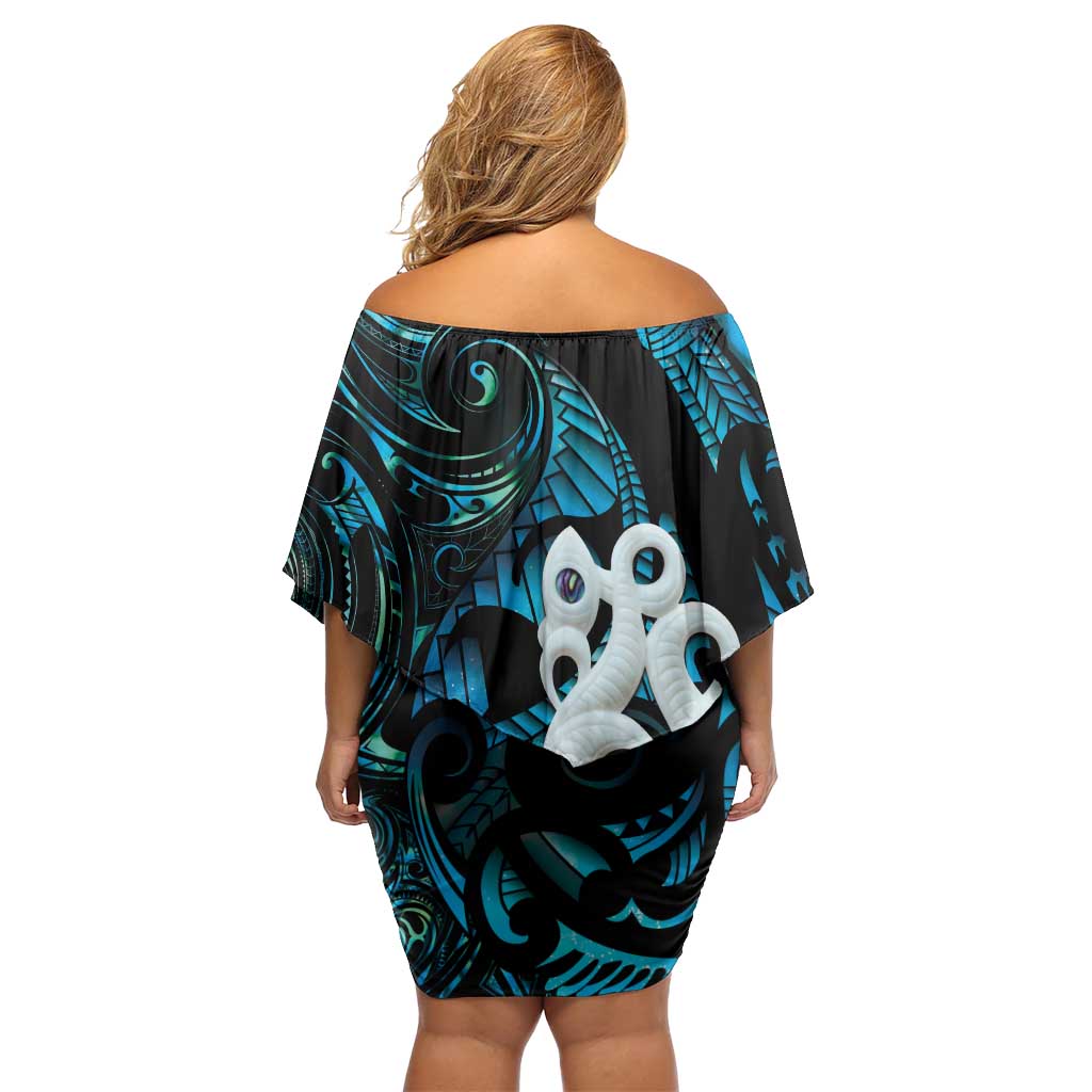 Manaia New Zealand Matariki Off Shoulder Short Dress NZ Paua Shell Maori Art