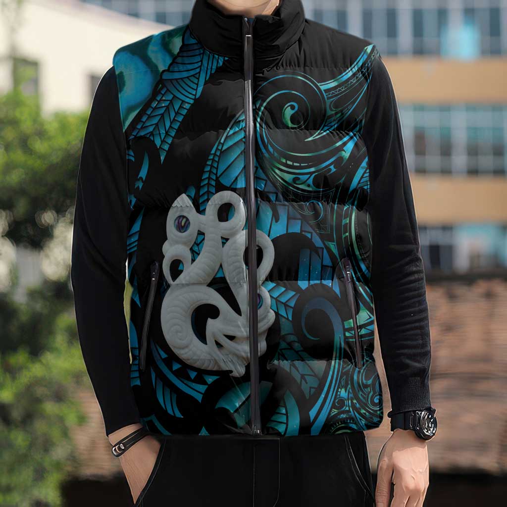Manaia New Zealand Matariki Sleeveless Puffer Jacket NZ Paua Shell Maori Art