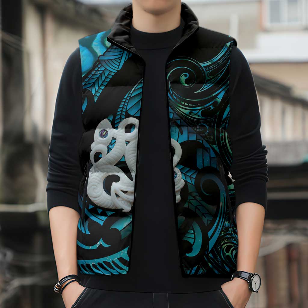 Manaia New Zealand Matariki Sleeveless Puffer Jacket NZ Paua Shell Maori Art