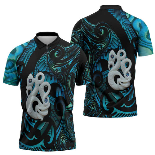 Manaia New Zealand Matariki Zipper Polo Shirt NZ Paua Shell Maori Art