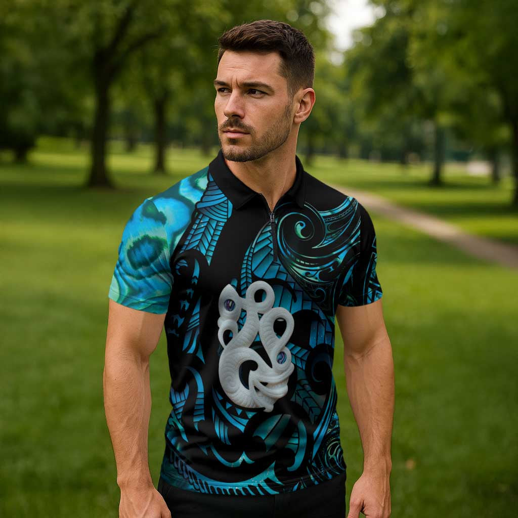 Manaia New Zealand Matariki Zipper Polo Shirt NZ Paua Shell Maori Art