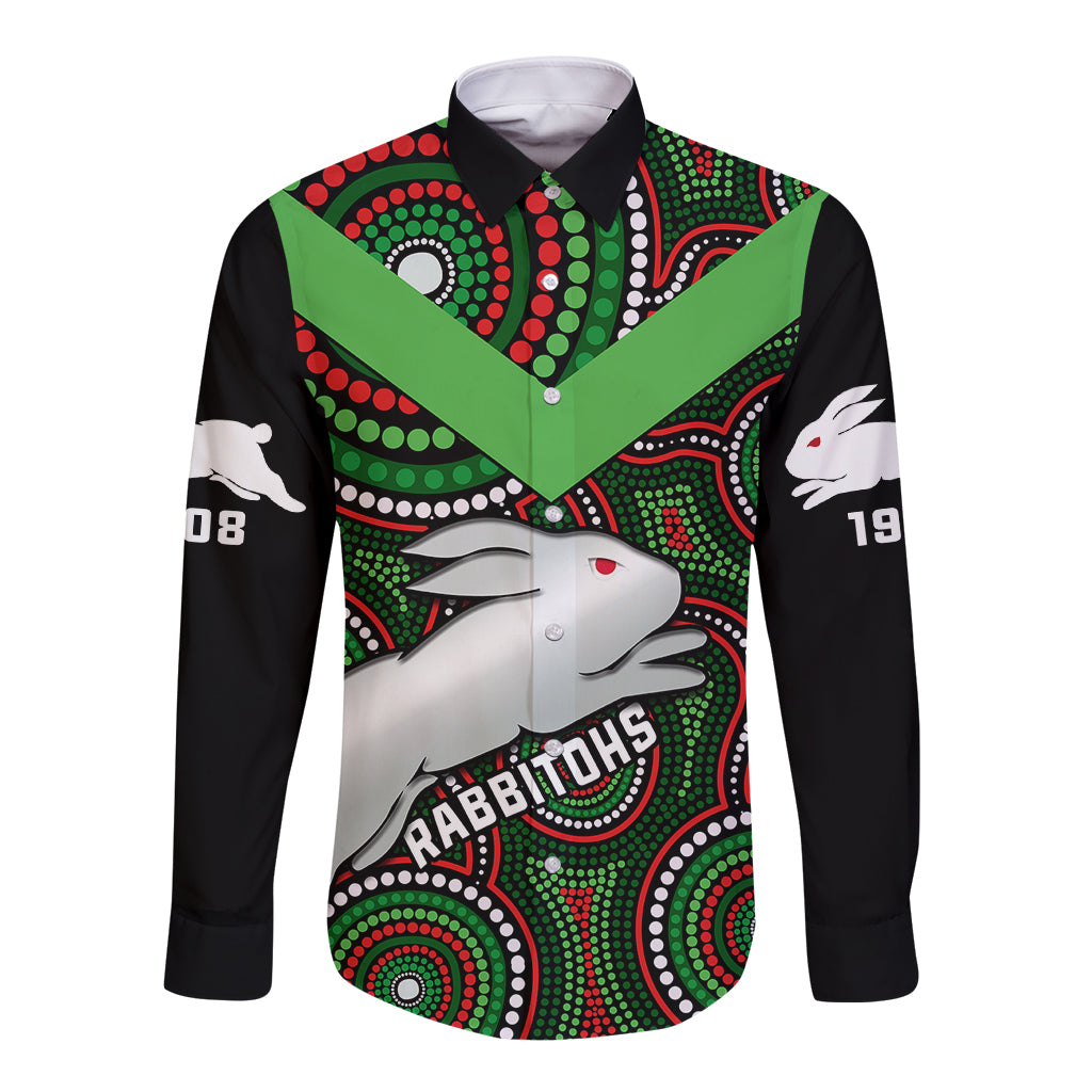 personalised-rabbitohs-rugby-long-sleeve-button-shirt-souths-1908-indigenous-art