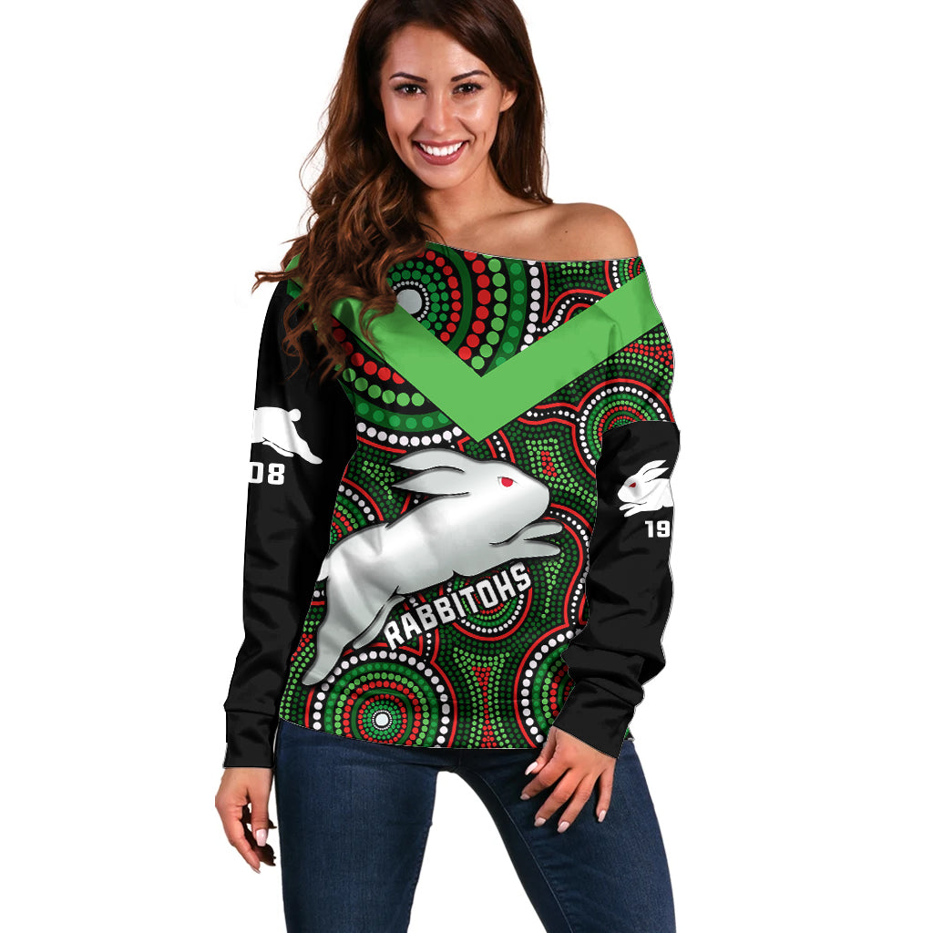personalised-rabbitohs-rugby-off-shoulder-sweater-souths-1908-indigenous-art