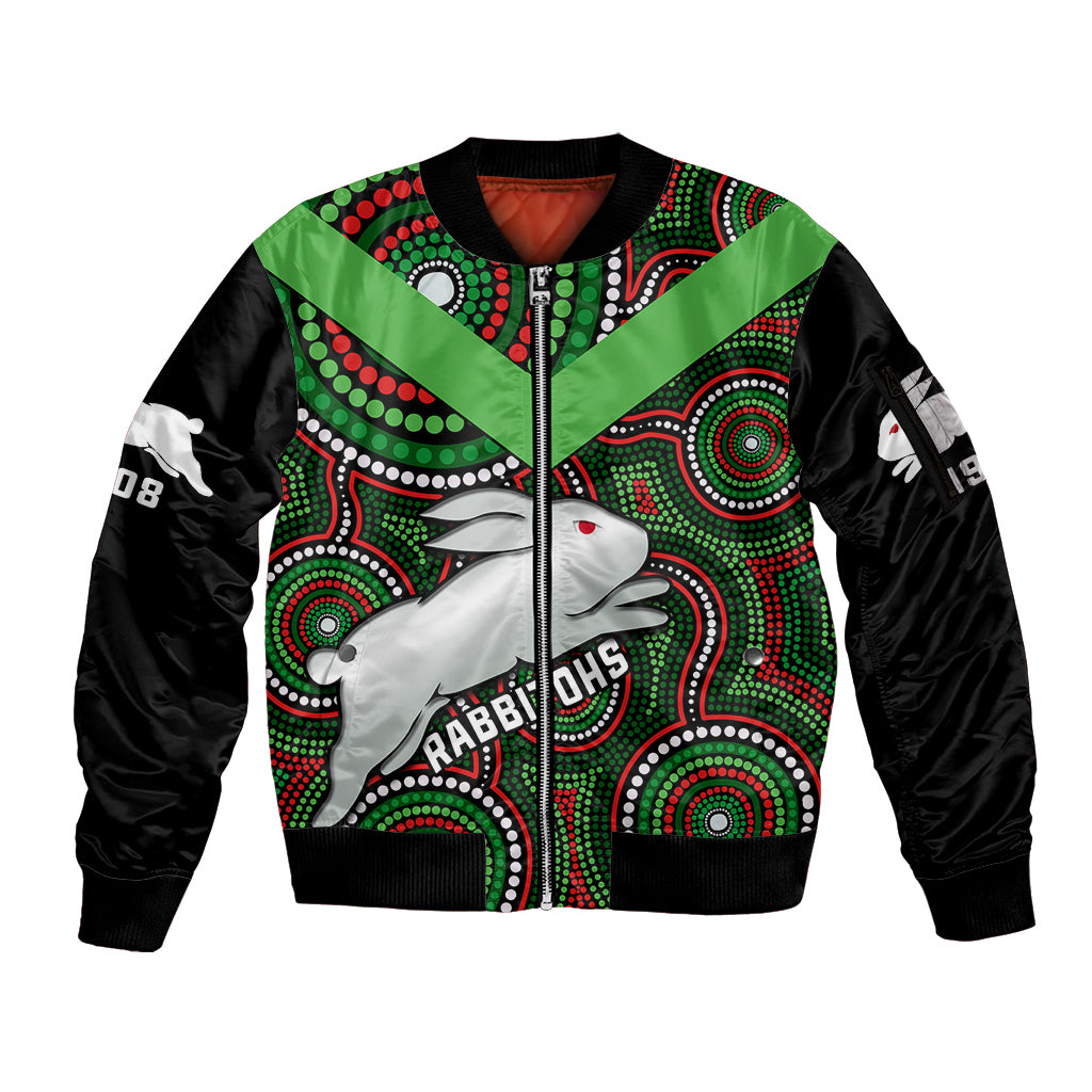 personalised-rabbitohs-rugby-sleeve-zip-bomber-jacket-souths-1908-indigenous-art