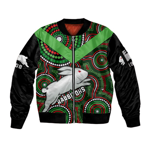 personalised-rabbitohs-rugby-sleeve-zip-bomber-jacket-souths-1908-indigenous-art