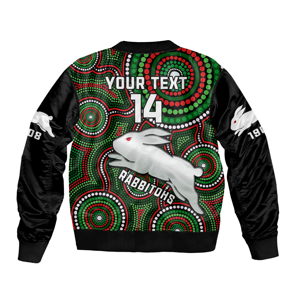 personalised-rabbitohs-rugby-sleeve-zip-bomber-jacket-souths-1908-indigenous-art