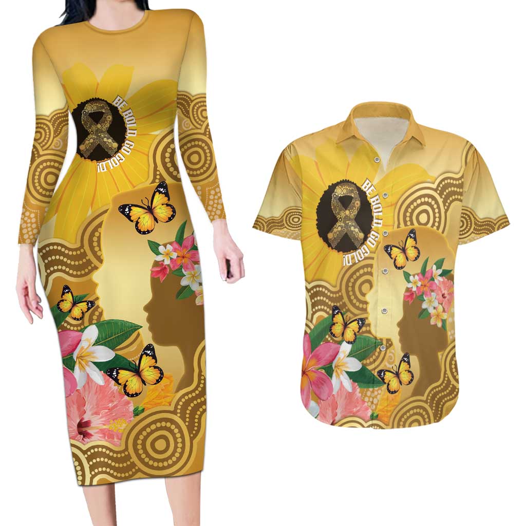 Australia Childhood Cancer Awareness Month Couples Matching Long Sleeve Bodycon Dress and Hawaiian Shirt Be Bold Go Gold Aboriginal Art