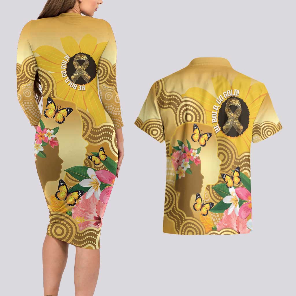 Australia Childhood Cancer Awareness Month Couples Matching Long Sleeve Bodycon Dress and Hawaiian Shirt Be Bold Go Gold Aboriginal Art