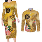 Australia Childhood Cancer Awareness Month Couples Matching Long Sleeve Bodycon Dress and Long Sleeve Button Shirt Be Bold Go Gold Aboriginal Art