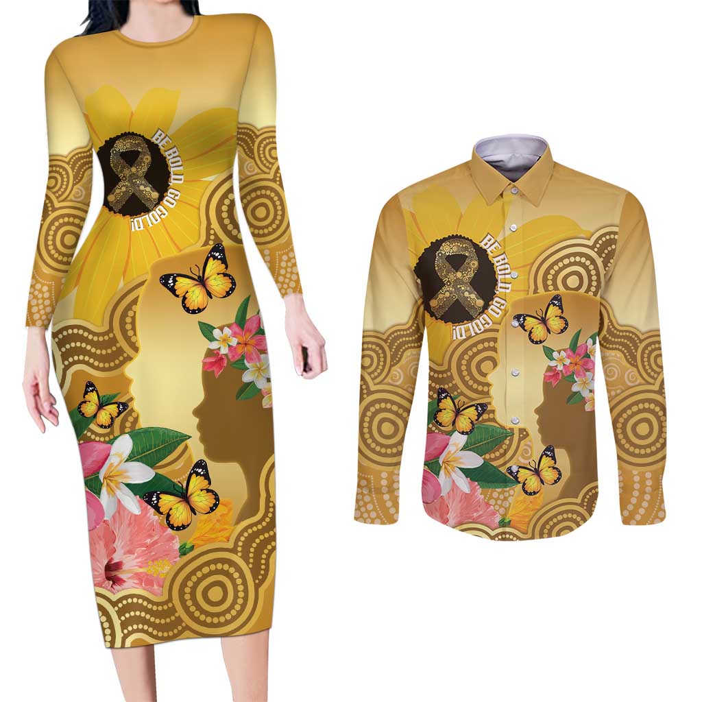 Australia Childhood Cancer Awareness Month Couples Matching Long Sleeve Bodycon Dress and Long Sleeve Button Shirt Be Bold Go Gold Aboriginal Art