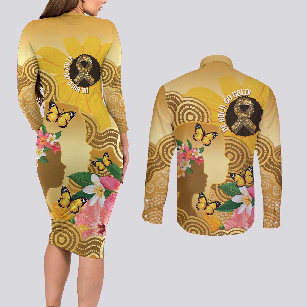 Australia Childhood Cancer Awareness Month Couples Matching Long Sleeve Bodycon Dress and Long Sleeve Button Shirt Be Bold Go Gold Aboriginal Art