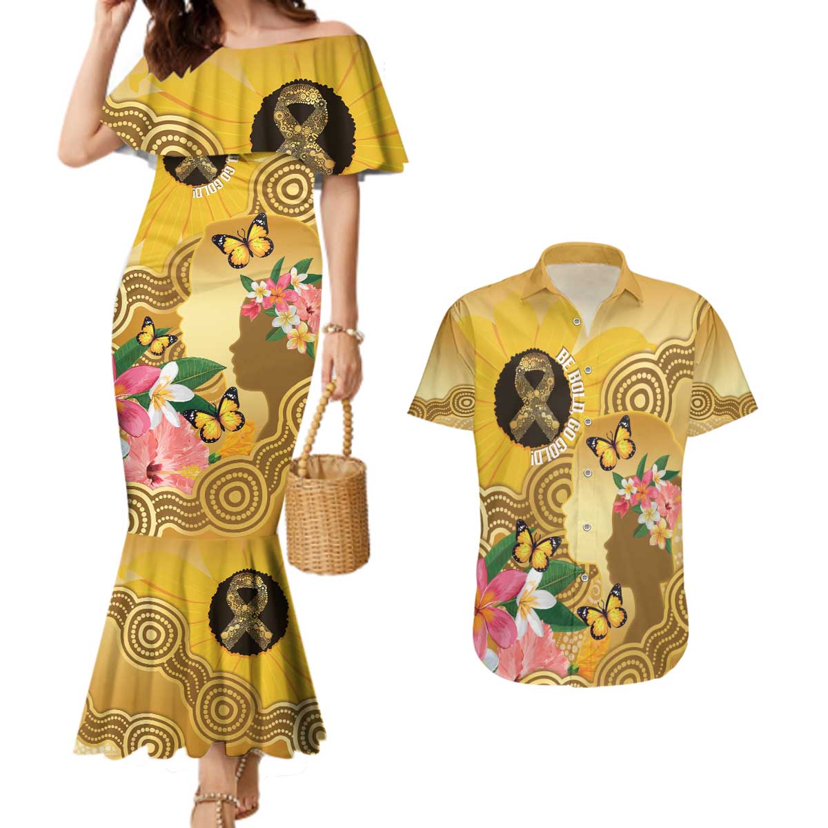 Australia Childhood Cancer Awareness Month Couples Matching Mermaid Dress and Hawaiian Shirt Be Bold Go Gold Aboriginal Art