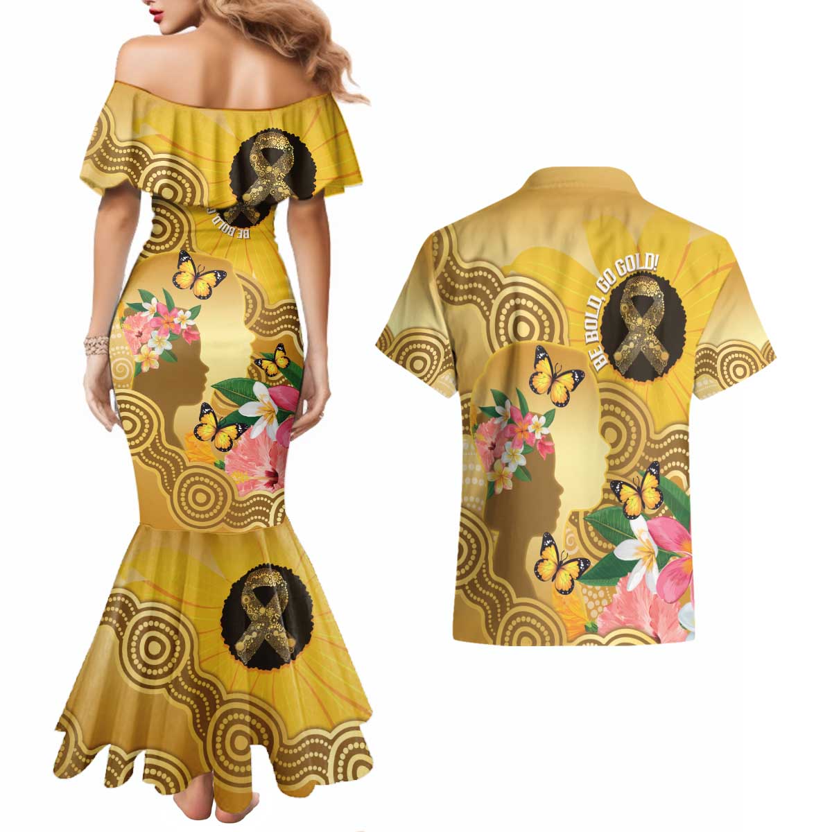 Australia Childhood Cancer Awareness Month Couples Matching Mermaid Dress and Hawaiian Shirt Be Bold Go Gold Aboriginal Art