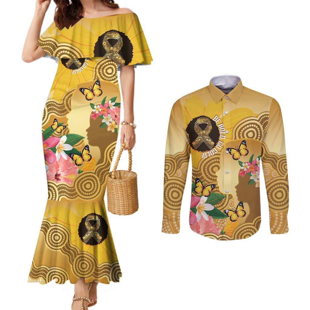 Australia Childhood Cancer Awareness Month Couples Matching Mermaid Dress and Long Sleeve Button Shirt Be Bold Go Gold Aboriginal Art