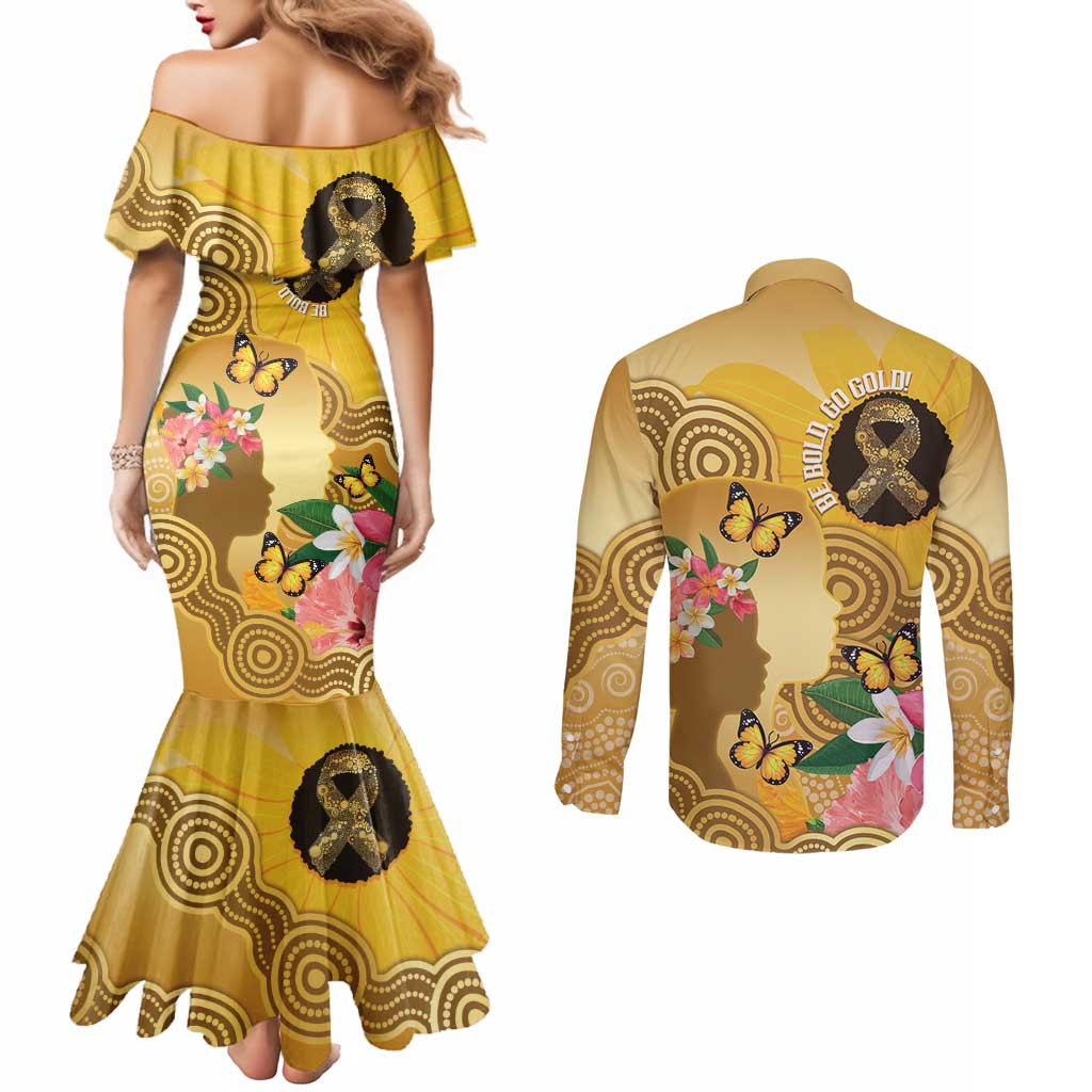 Australia Childhood Cancer Awareness Month Couples Matching Mermaid Dress and Long Sleeve Button Shirt Be Bold Go Gold Aboriginal Art