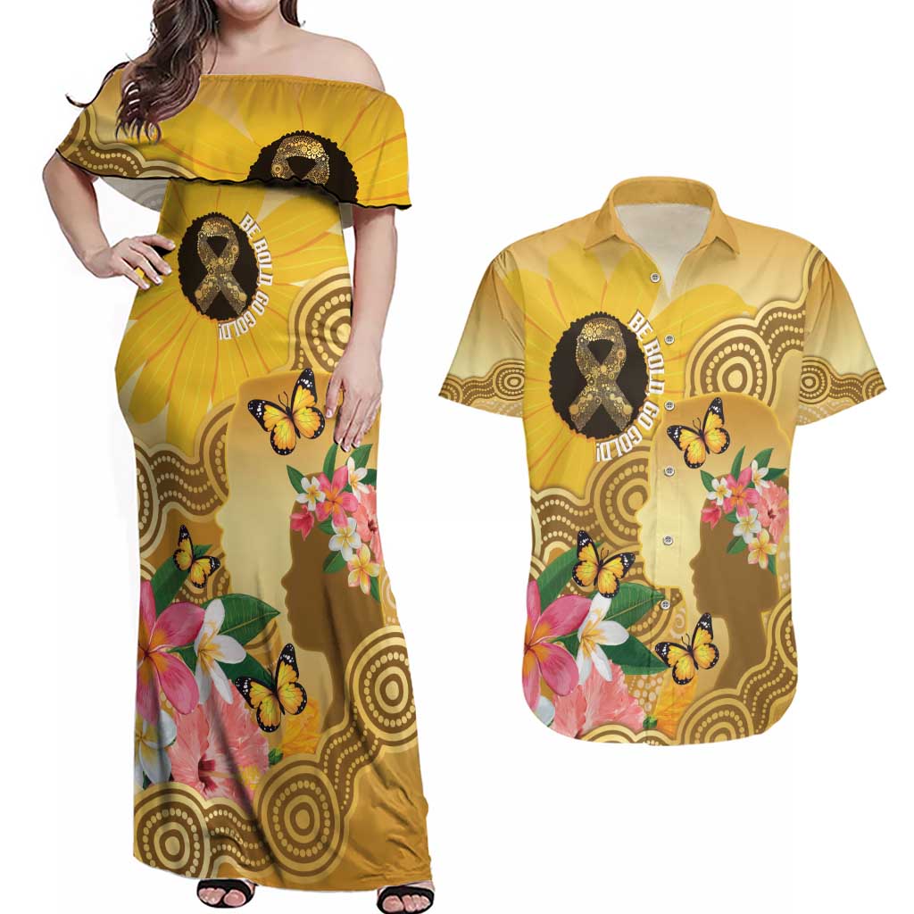 Australia Childhood Cancer Awareness Month Couples Matching Off Shoulder Maxi Dress and Hawaiian Shirt Be Bold Go Gold Aboriginal Art