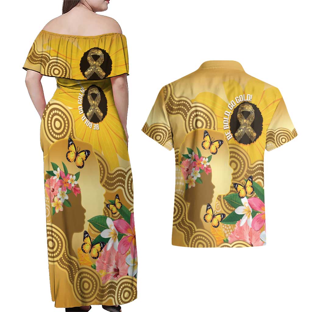 Australia Childhood Cancer Awareness Month Couples Matching Off Shoulder Maxi Dress and Hawaiian Shirt Be Bold Go Gold Aboriginal Art