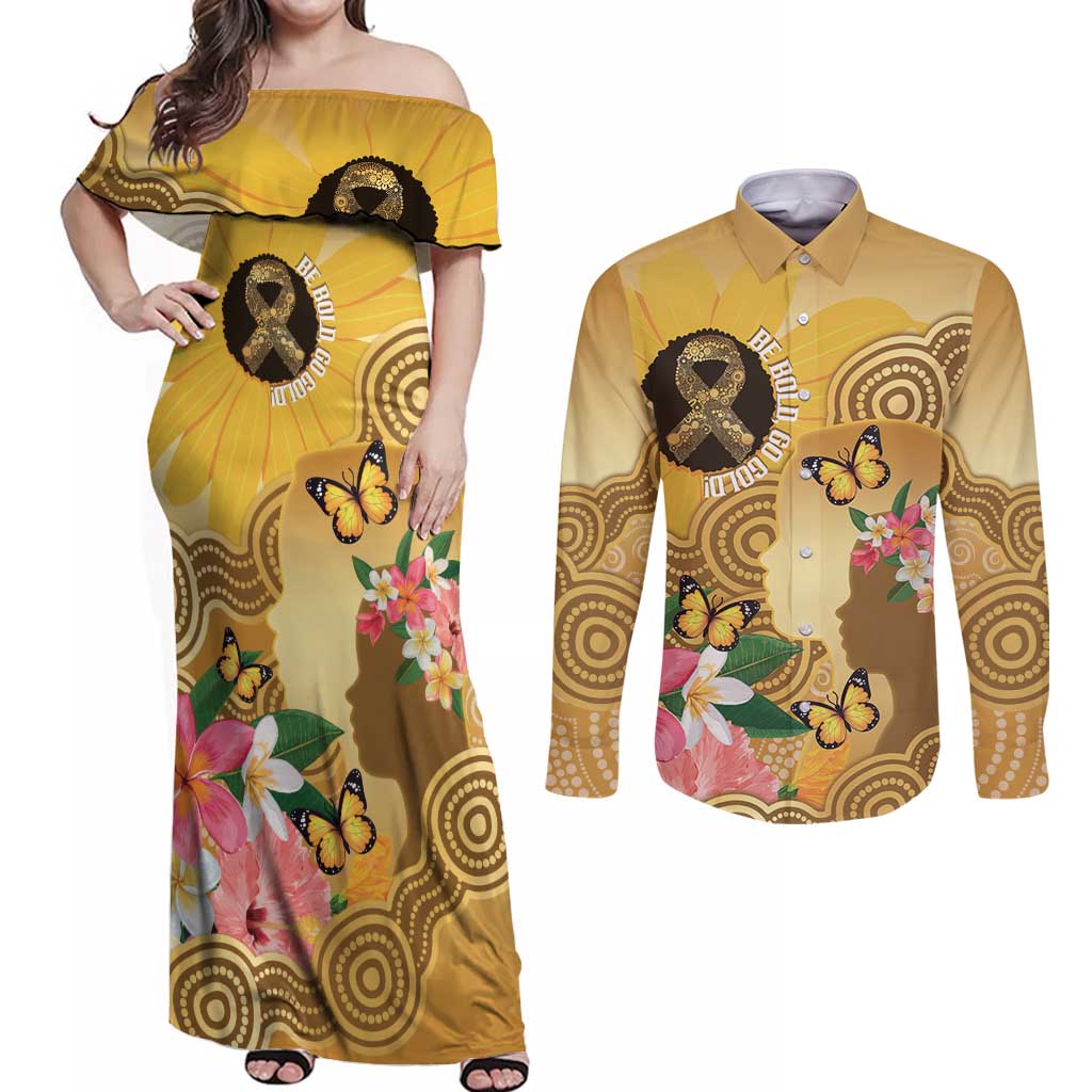 Australia Childhood Cancer Awareness Month Couples Matching Off Shoulder Maxi Dress and Long Sleeve Button Shirt Be Bold Go Gold Aboriginal Art