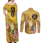 Australia Childhood Cancer Awareness Month Couples Matching Off Shoulder Maxi Dress and Long Sleeve Button Shirt Be Bold Go Gold Aboriginal Art