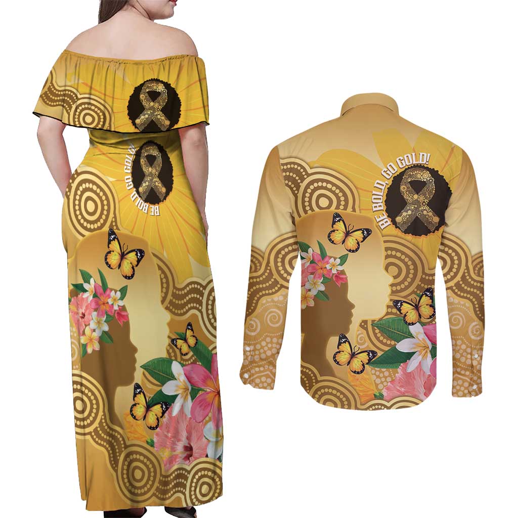 Australia Childhood Cancer Awareness Month Couples Matching Off Shoulder Maxi Dress and Long Sleeve Button Shirt Be Bold Go Gold Aboriginal Art