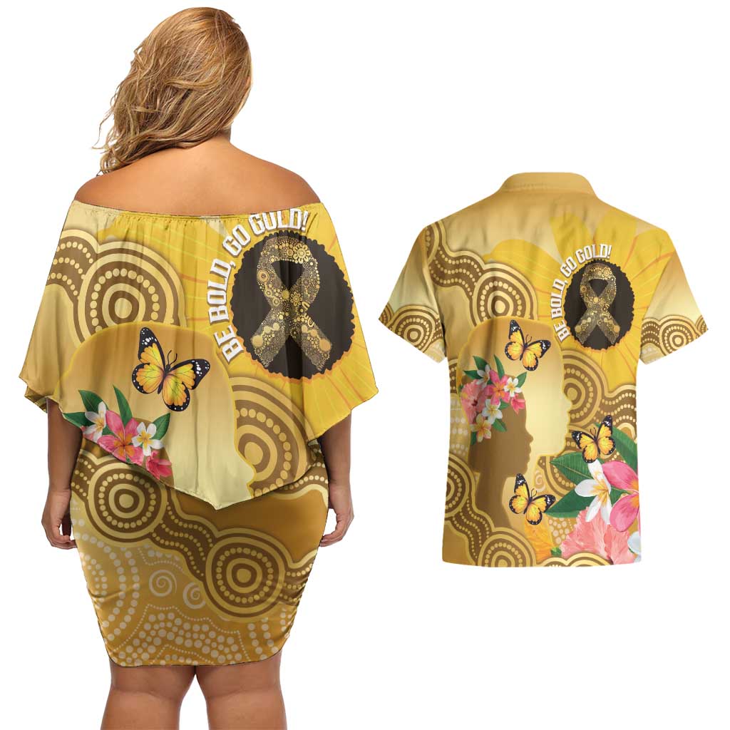 Australia Childhood Cancer Awareness Month Couples Matching Off Shoulder Short Dress and Hawaiian Shirt Be Bold Go Gold Aboriginal Art