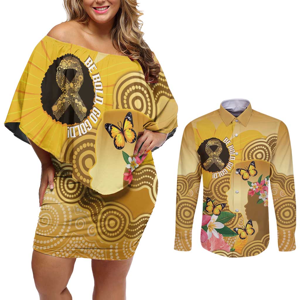 Australia Childhood Cancer Awareness Month Couples Matching Off Shoulder Short Dress and Long Sleeve Button Shirt Be Bold Go Gold Aboriginal Art