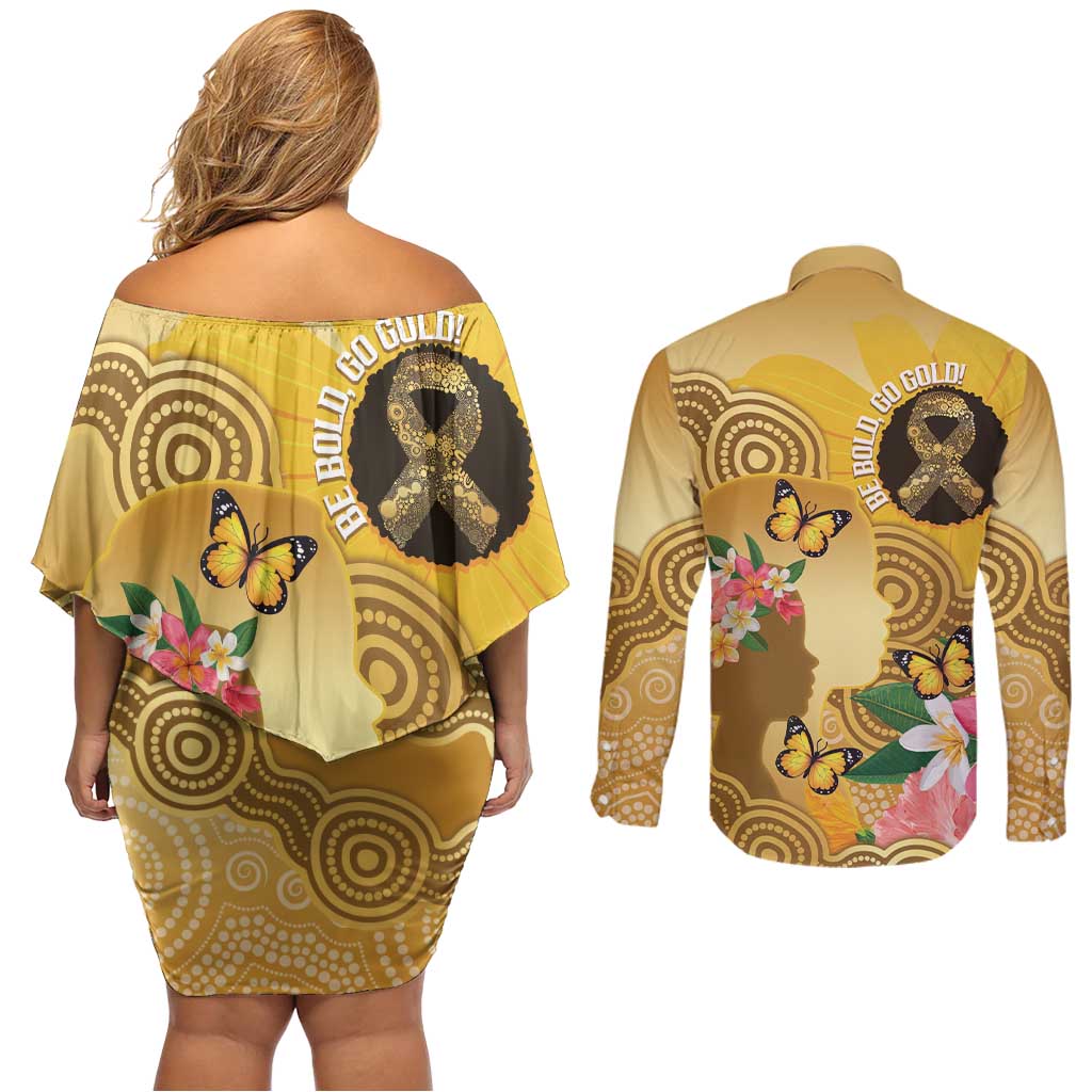 Australia Childhood Cancer Awareness Month Couples Matching Off Shoulder Short Dress and Long Sleeve Button Shirt Be Bold Go Gold Aboriginal Art