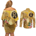 Australia Childhood Cancer Awareness Month Couples Matching Off Shoulder Short Dress and Long Sleeve Button Shirt Be Bold Go Gold Aboriginal Art