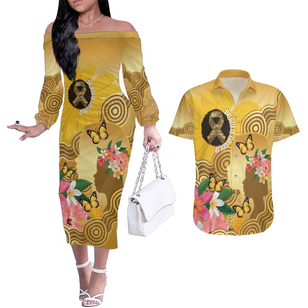 Australia Childhood Cancer Awareness Month Couples Matching Off The Shoulder Long Sleeve Dress and Hawaiian Shirt Be Bold Go Gold Aboriginal Art