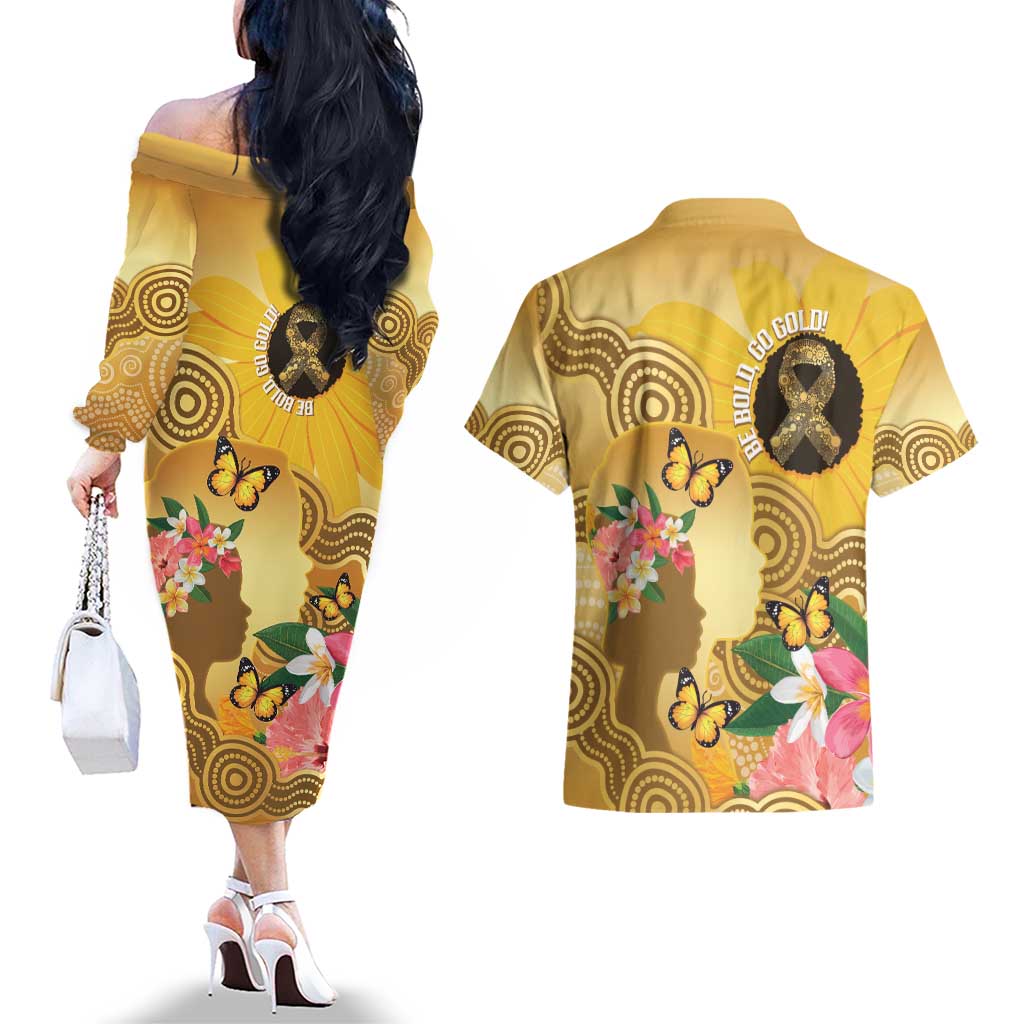 Australia Childhood Cancer Awareness Month Couples Matching Off The Shoulder Long Sleeve Dress and Hawaiian Shirt Be Bold Go Gold Aboriginal Art