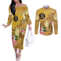 Australia Childhood Cancer Awareness Month Couples Matching Off The Shoulder Long Sleeve Dress and Long Sleeve Button Shirt Be Bold Go Gold Aboriginal Art