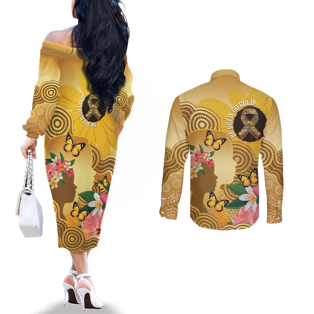 Australia Childhood Cancer Awareness Month Couples Matching Off The Shoulder Long Sleeve Dress and Long Sleeve Button Shirt Be Bold Go Gold Aboriginal Art