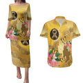 Australia Childhood Cancer Awareness Month Couples Matching Puletasi and Hawaiian Shirt Be Bold Go Gold Aboriginal Art
