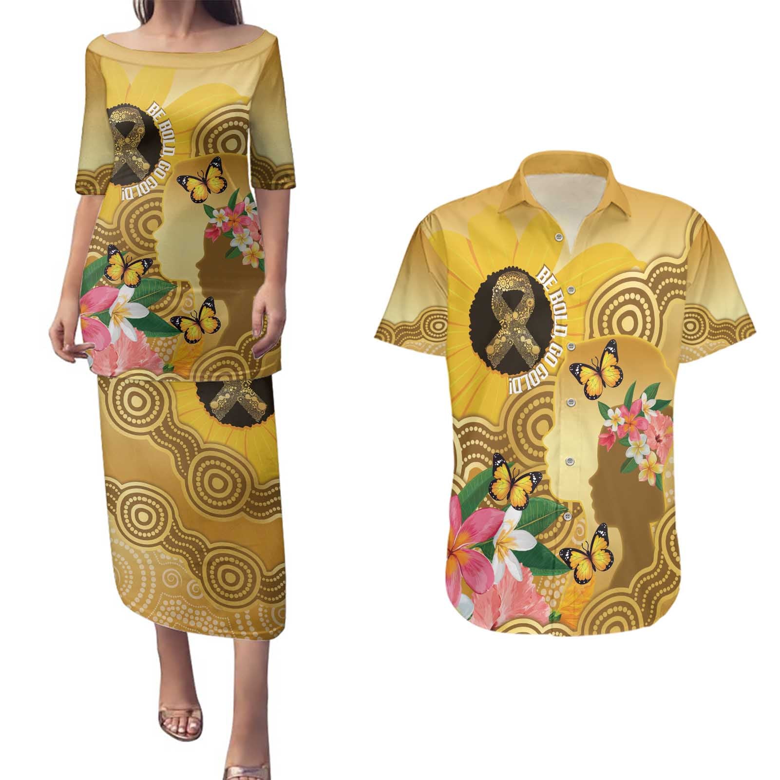 Australia Childhood Cancer Awareness Month Couples Matching Puletasi and Hawaiian Shirt Be Bold Go Gold Aboriginal Art