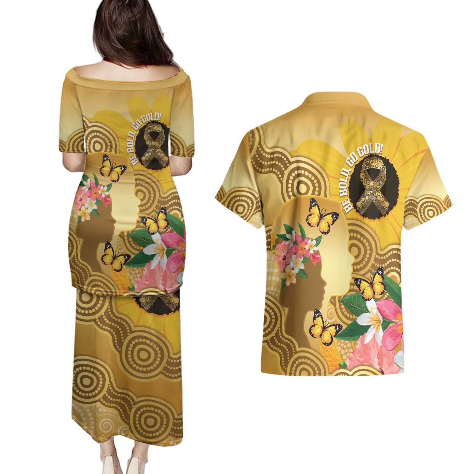 Australia Childhood Cancer Awareness Month Couples Matching Puletasi and Hawaiian Shirt Be Bold Go Gold Aboriginal Art