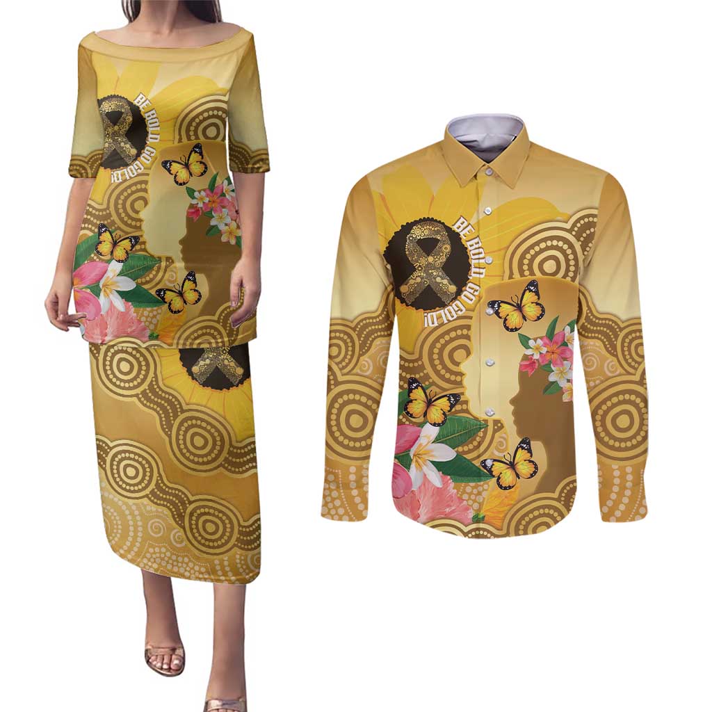 Australia Childhood Cancer Awareness Month Couples Matching Puletasi and Long Sleeve Button Shirt Be Bold Go Gold Aboriginal Art