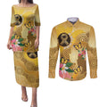 Australia Childhood Cancer Awareness Month Couples Matching Puletasi and Long Sleeve Button Shirt Be Bold Go Gold Aboriginal Art